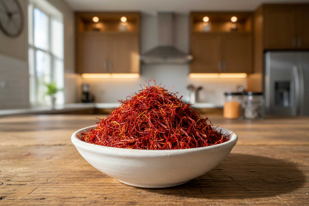 Saffron in a white bowl in a kitchen table, background of a kitchen setup. fill the bowl with saffron and make it eye tempting.